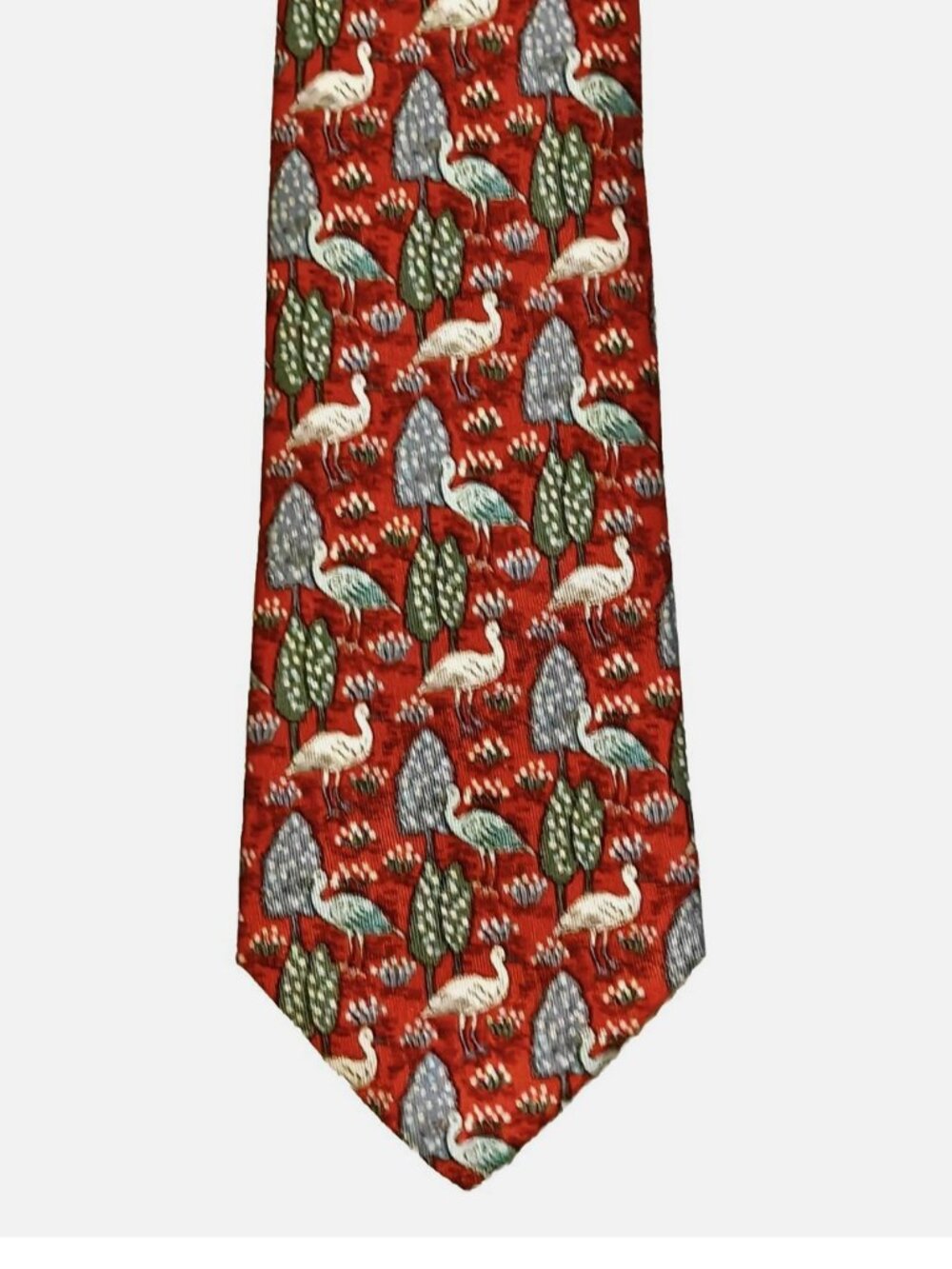 Hermes Men's Tie Silk Red 7631 PA Whimsical Heron Bird Tree/Plants 3.5" x 58.5" - Picture 3 of 8